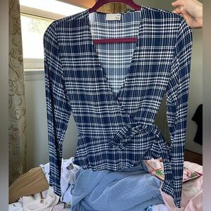 Aritzia Wilfred Free Navy Blue Plaid Wrap Top